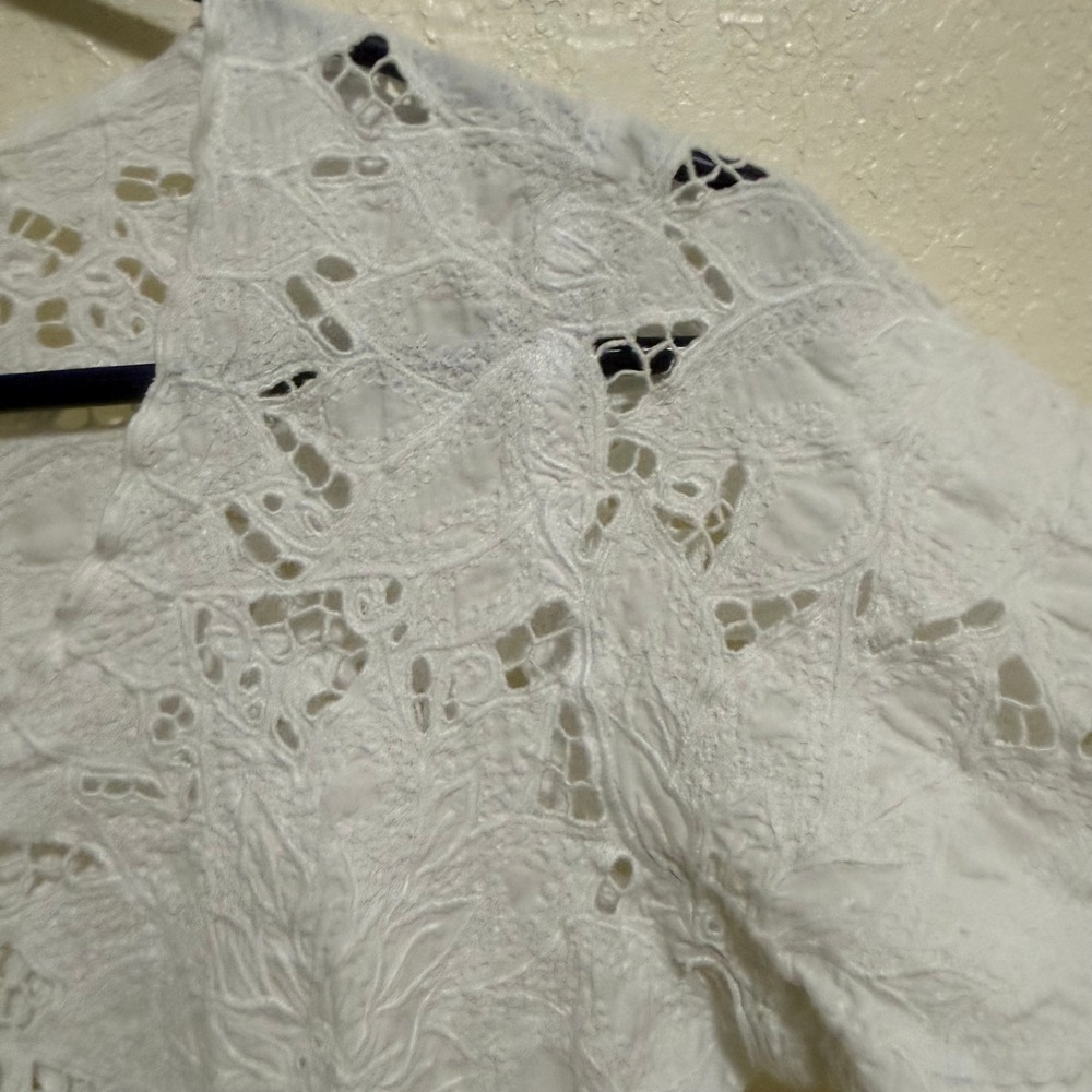 Hibis Women White Eyelet Lace Floral Embroidery Tunic V-Neck 3/4 Sleeve Top - Picture 6 of 11